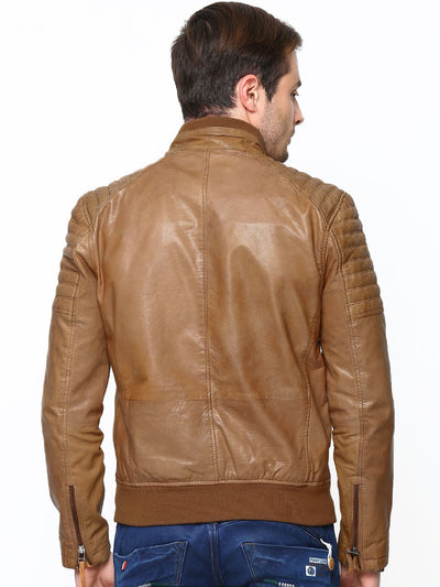 tan real leather mens jacket fitted, bomber biker style 4