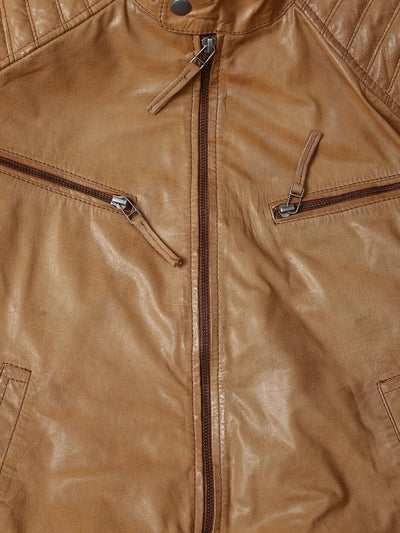 tan real leather mens jacket fitted, bomber biker style 6