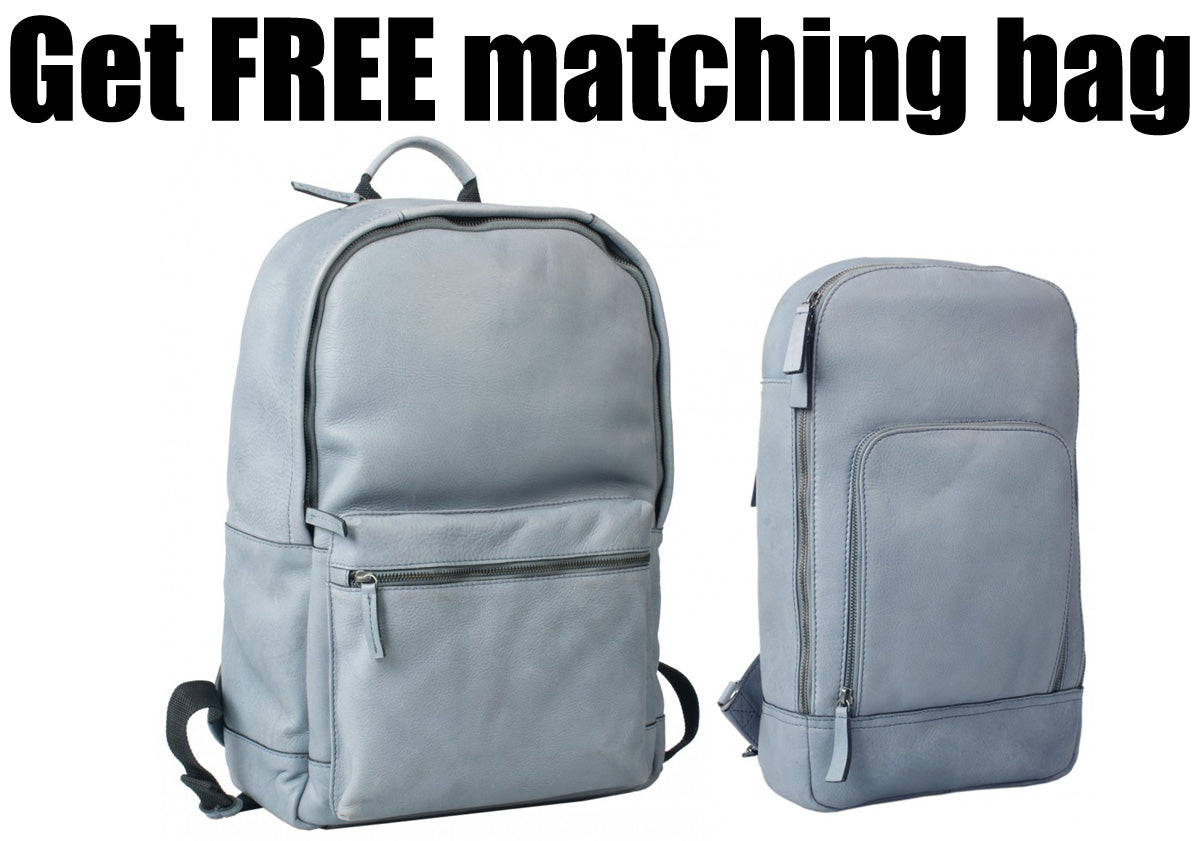COMBO OFFER HIDEONLINE DUSTY BLUE REAL LEATHER LAPTOP BACKPACK / SLINGBACK