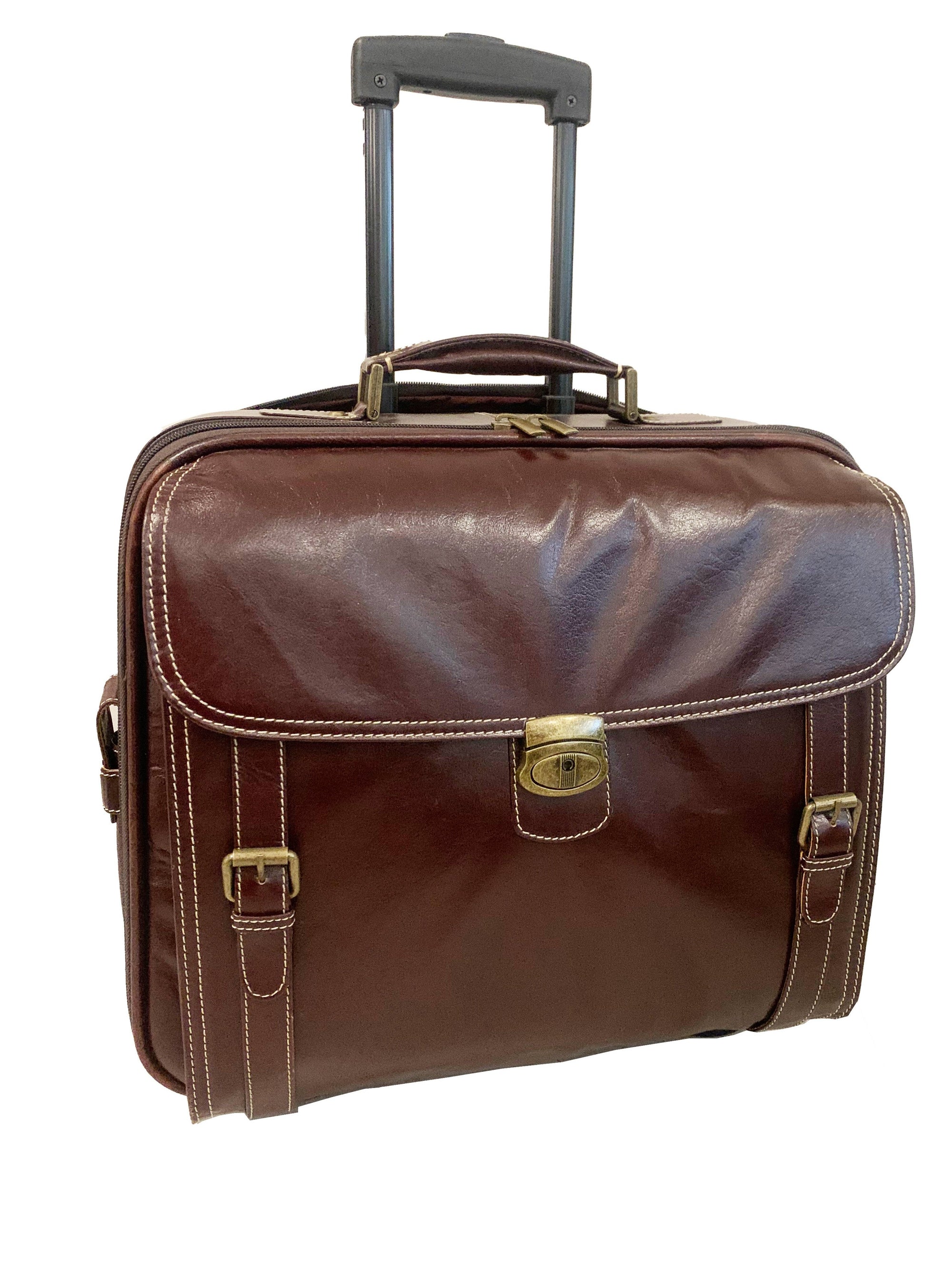 LEATHER TROLLEY CASE / WHEELED LAPTOP BUSINESS BAG IN BROWN