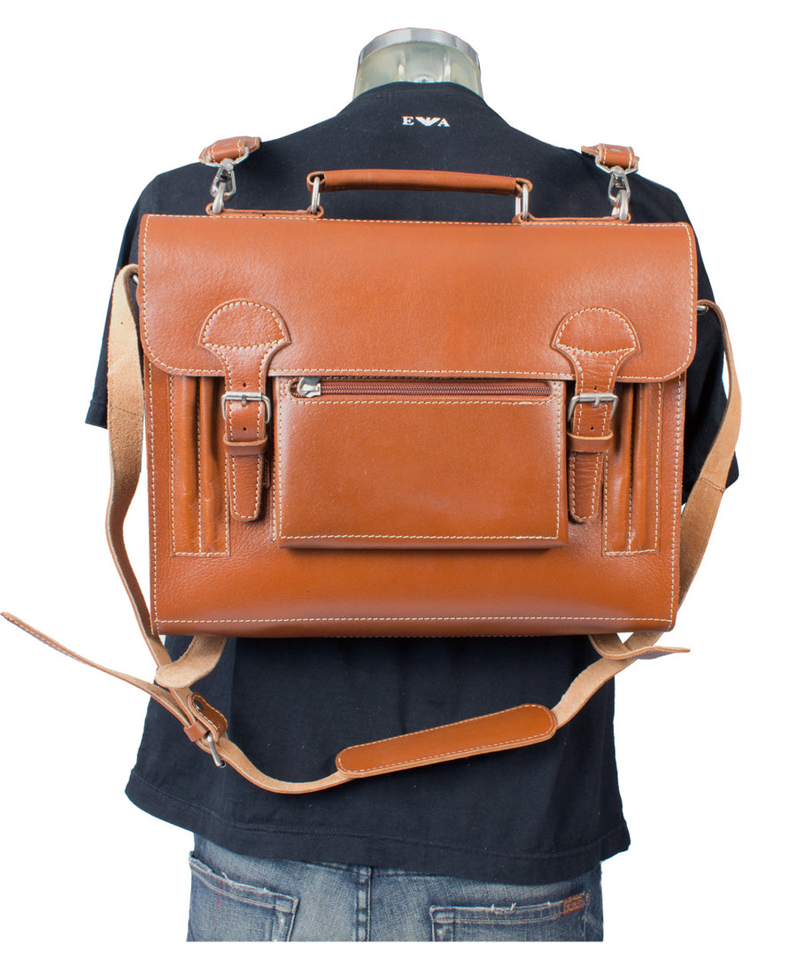 HIDEONLINE VINTAGE TAN BRIDLE LEATHER SLIMLINE SATCHEL BACKPACK