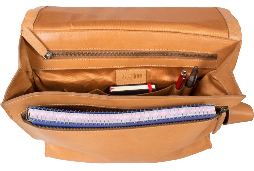 UBERBAG TAN REAL LEATHER LARGE MESSENGER BAG / MAN BAG