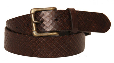 CASUAL MEN'S BELT MADE FROM DARK BROWN REAL LEATHER IN CRISS CROSS PATTERN