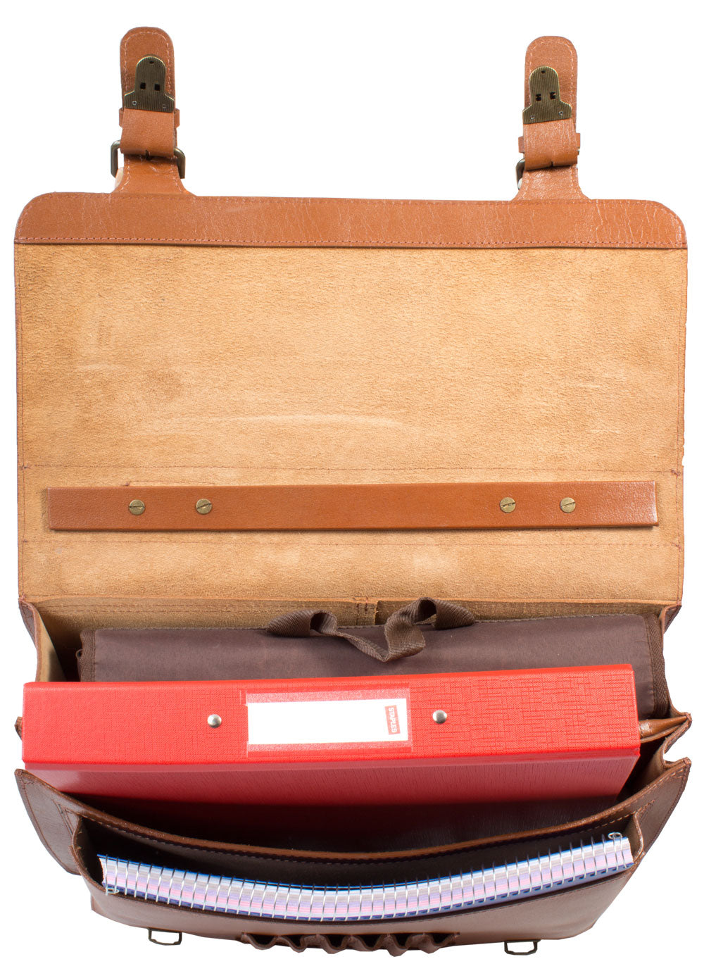 Tan leather satchel veg tan leather open