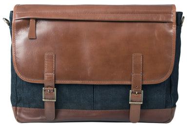 HIDEONLINE LEATHER LAPTOP MESSENGER BAG / MAN BAG IN COGNAC LEATHER AND DENIM