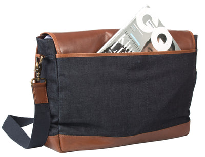 HIDEONLINE LEATHER LAPTOP MESSENGER BAG / MAN BAG IN COGNAC LEATHER AND DENIM