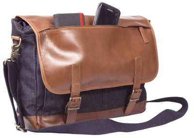 HIDEONLINE LEATHER LAPTOP MESSENGER BAG / MAN BAG IN COGNAC LEATHER AND DENIM