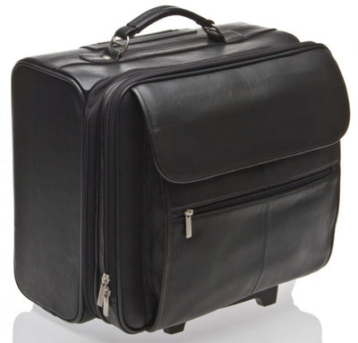 LEATHER TROLLEY CASE / WHEELED BUSINESS BAG IN BLACK