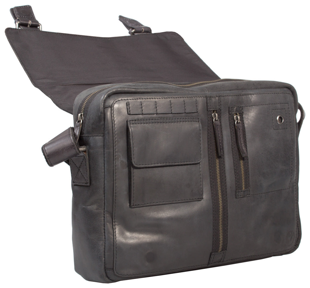 UBERBAG GREY BLACK  LEATHER MILITARY MESSENGER / MAN BAG