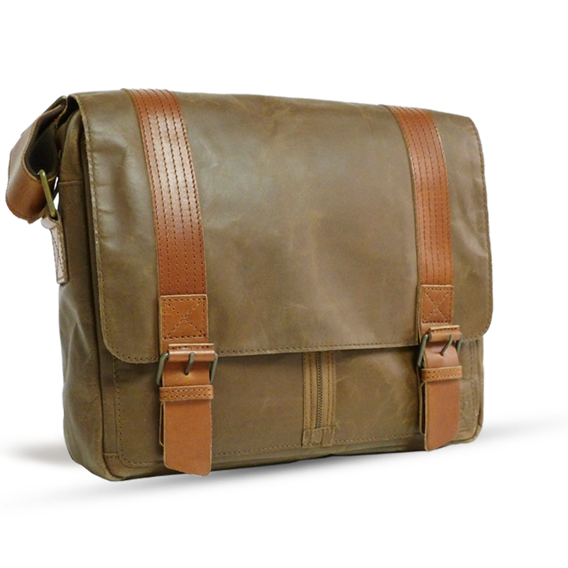 UBERBAG OLIVE BROWN / TAN LEATHER MILITARY MESSENGER / MAN BAG
