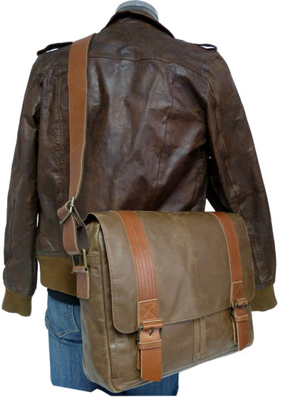 UBERBAG OLIVE BROWN / TAN LEATHER MILITARY MESSENGER / MAN BAG