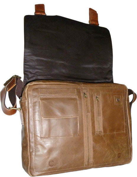 UBERBAG OLIVE BROWN / TAN LEATHER MILITARY MESSENGER / MAN BAG