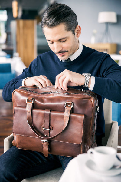 LEONHARD HEYDEN ROMA 5370 BROWN LEATHER ZIPPED BRIEFCASE