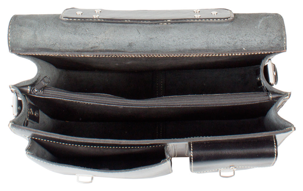 black real leather large satchel bag veg tan leather  open