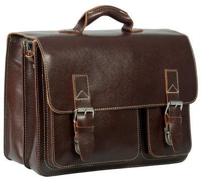 HIDEONLINE RUGGED THICK SADDLE CONKER BROWN LEATHER SATCHEL BRIEFCASE / LAPTOP BAG