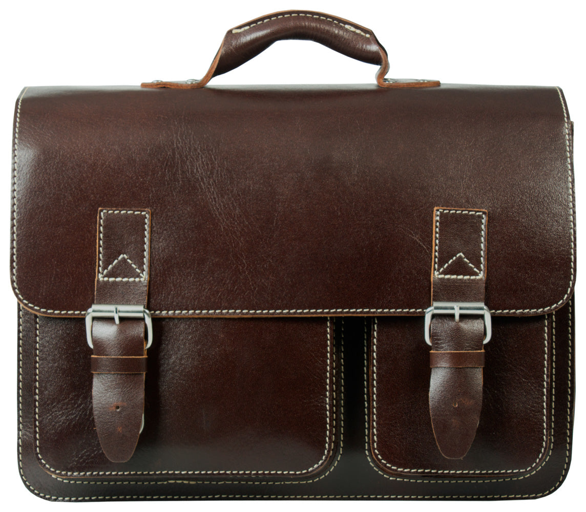 HIDEONLINE RUGGED THICK SADDLE CONKER BROWN LEATHER SATCHEL BRIEFCASE / LAPTOP BAG