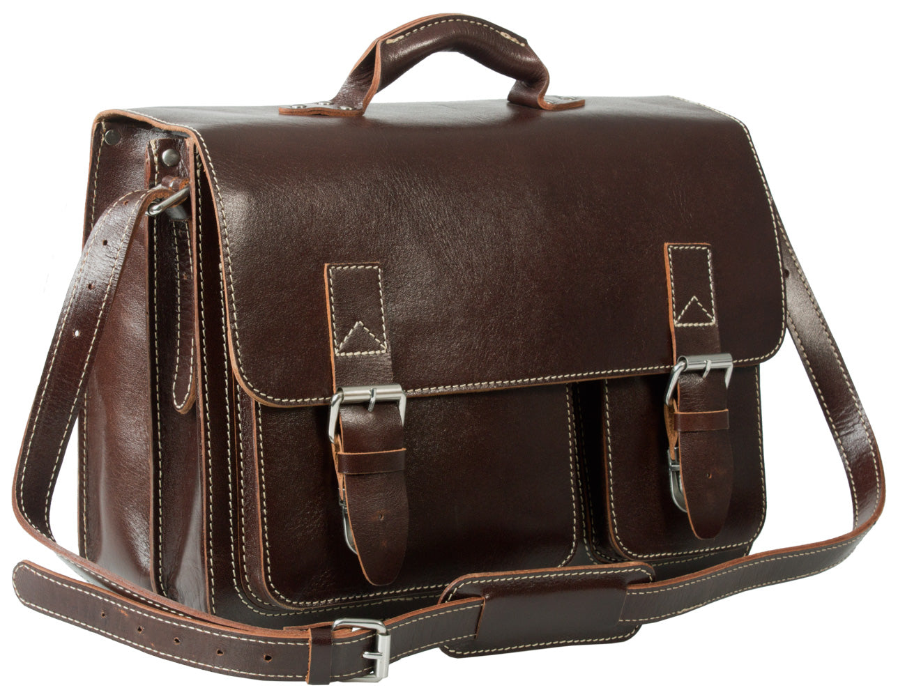 HIDEONLINE RUGGED THICK SADDLE CONKER BROWN LEATHER SATCHEL BRIEFCASE / LAPTOP BAG