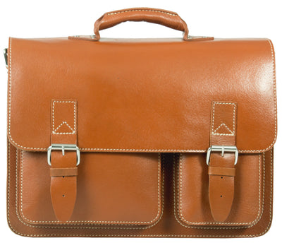 HIDEONLINE RUGGED THICK SADDLE TAN LEATHER SATCHEL BRIEFCASE / LAPTOP BAG