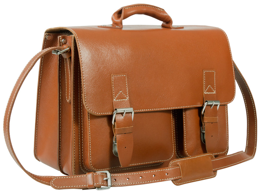 HIDEONLINE RUGGED THICK SADDLE TAN LEATHER SATCHEL BRIEFCASE / LAPTOP BAG