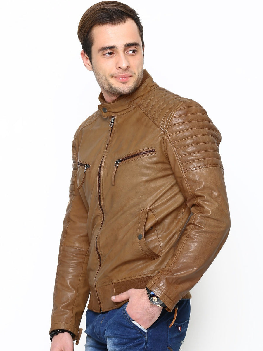 tan real leather mens jacket fitted, bomber biker style 1