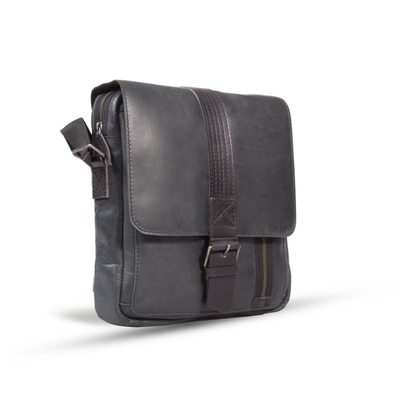 UBERBAG GREY BLACK  LEATHER MILITARY SMALL N/S MESSENGER / MAN BAG
