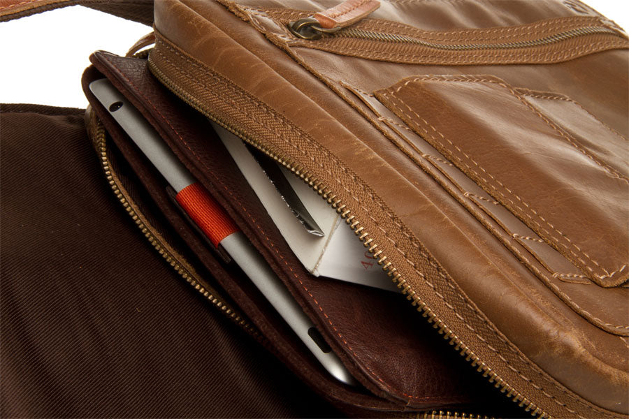 UBERBAG OLIVE BROWN /TAN LEATHER MILITARY SMALL N/S MESSENGER / MAN BAG