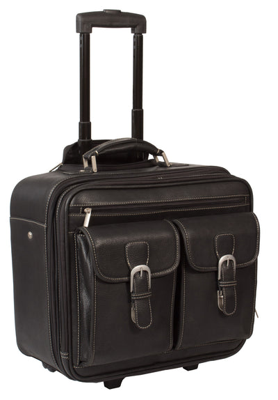 LEATHER TROLLEY CASE / WHEELED LAPTOP BUSINESS BAG IN BLACK