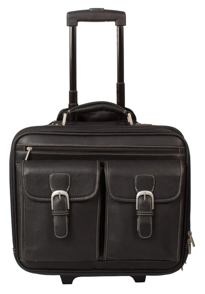 LEATHER TROLLEY CASE / WHEELED LAPTOP BUSINESS BAG IN BLACK