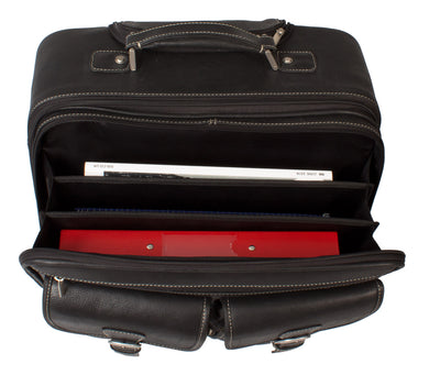 LEATHER TROLLEY CASE / WHEELED LAPTOP BUSINESS BAG IN BLACK
