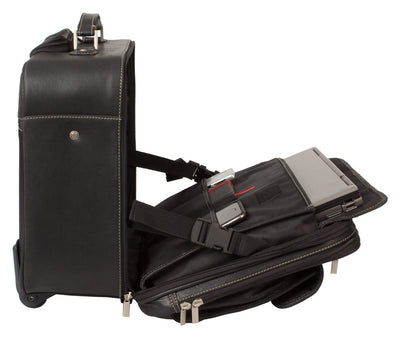 LEATHER TROLLEY CASE / WHEELED LAPTOP BUSINESS BAG IN BLACK