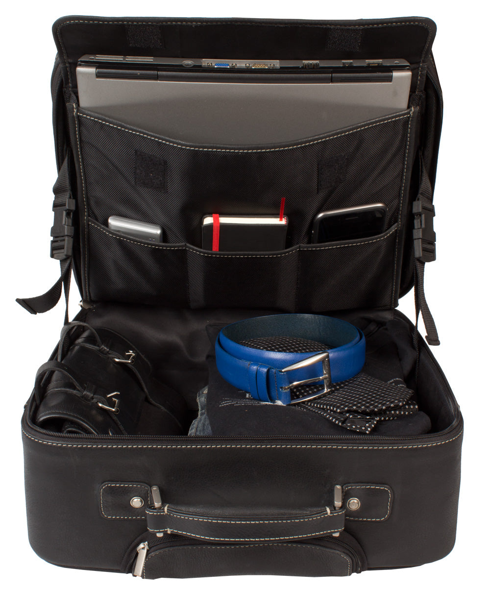 LEATHER TROLLEY CASE / WHEELED LAPTOP BUSINESS BAG IN BLACK