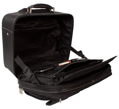 LEATHER TROLLEY CASE / WHEELED LAPTOP BUSINESS BAG IN BLACK