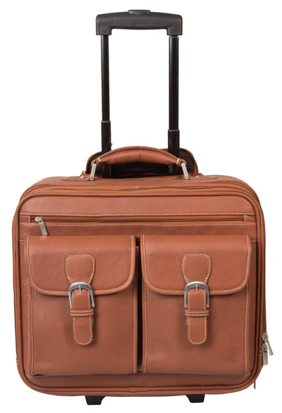 LEATHER TROLLEY CASE / WHEELED LAPTOP BUSINESS BAG IN TAN