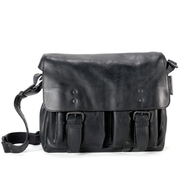AUNTS & UNCLES EARLYBIRD BLACK LEATHER MEDIUM E/W MESSENGER BAG/ POSTBAG