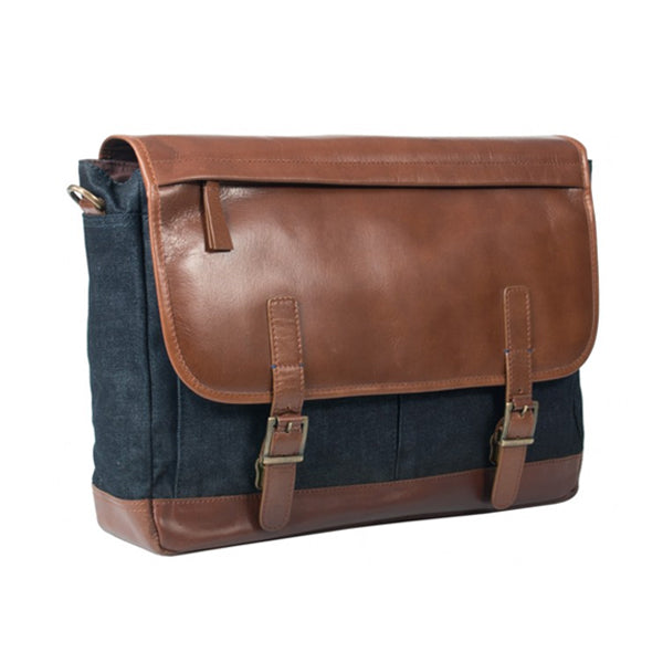 HIDEONLINE LEATHER LAPTOP MESSENGER BAG / MAN BAG IN COGNAC LEATHER AND DENIM