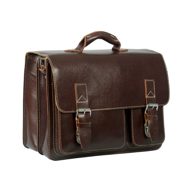 HIDEONLINE RUGGED THICK SADDLE CONKER BROWN LEATHER SATCHEL BRIEFCASE / LAPTOP BAG