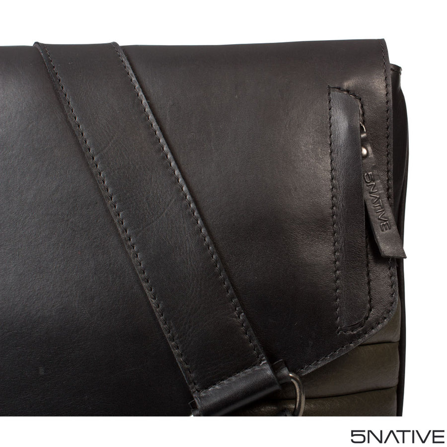 5NATIVE BLACK AND GREY NORTH SOUTH LEATHER MESSENGER BAG